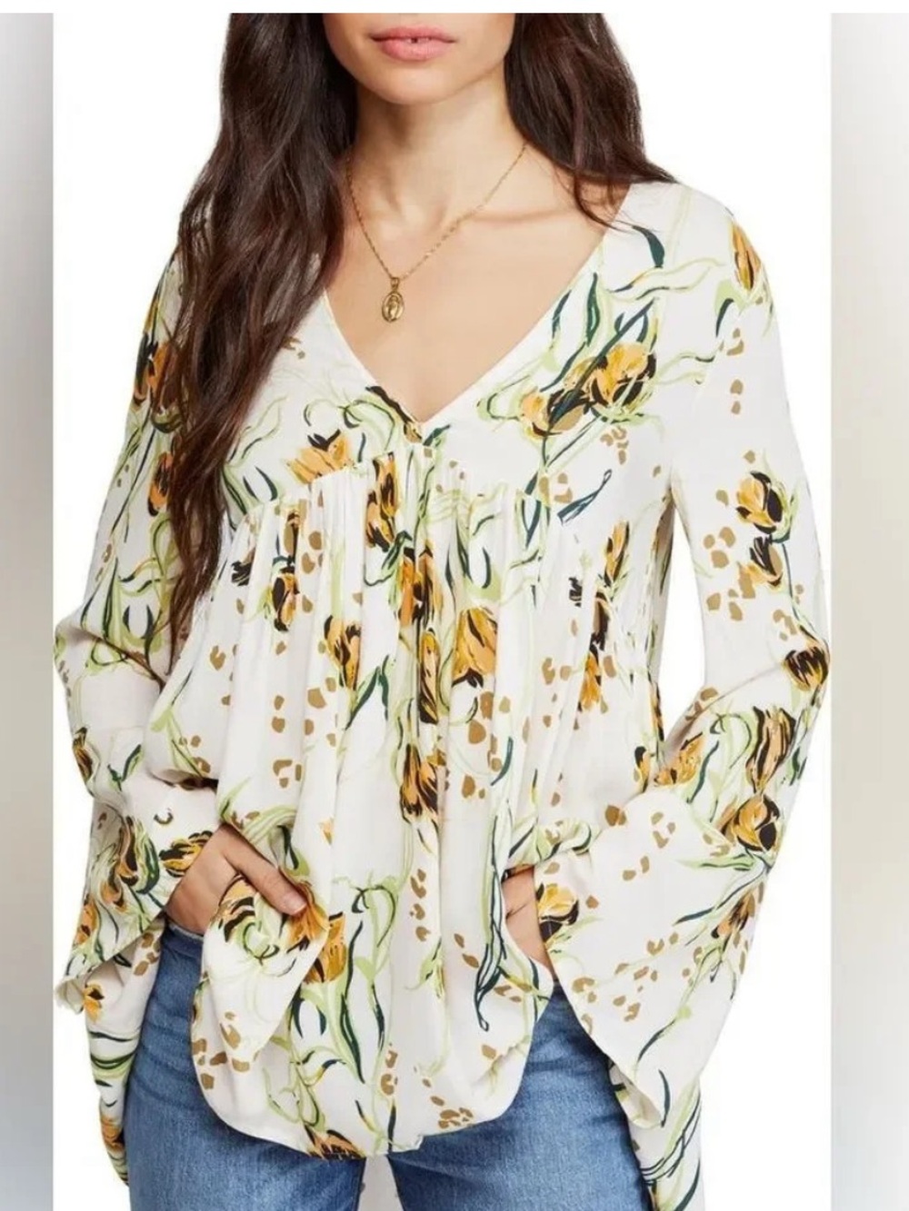 We The Free Cream Floral V-Neck Peasant Tunic with Yellow and Green Accents